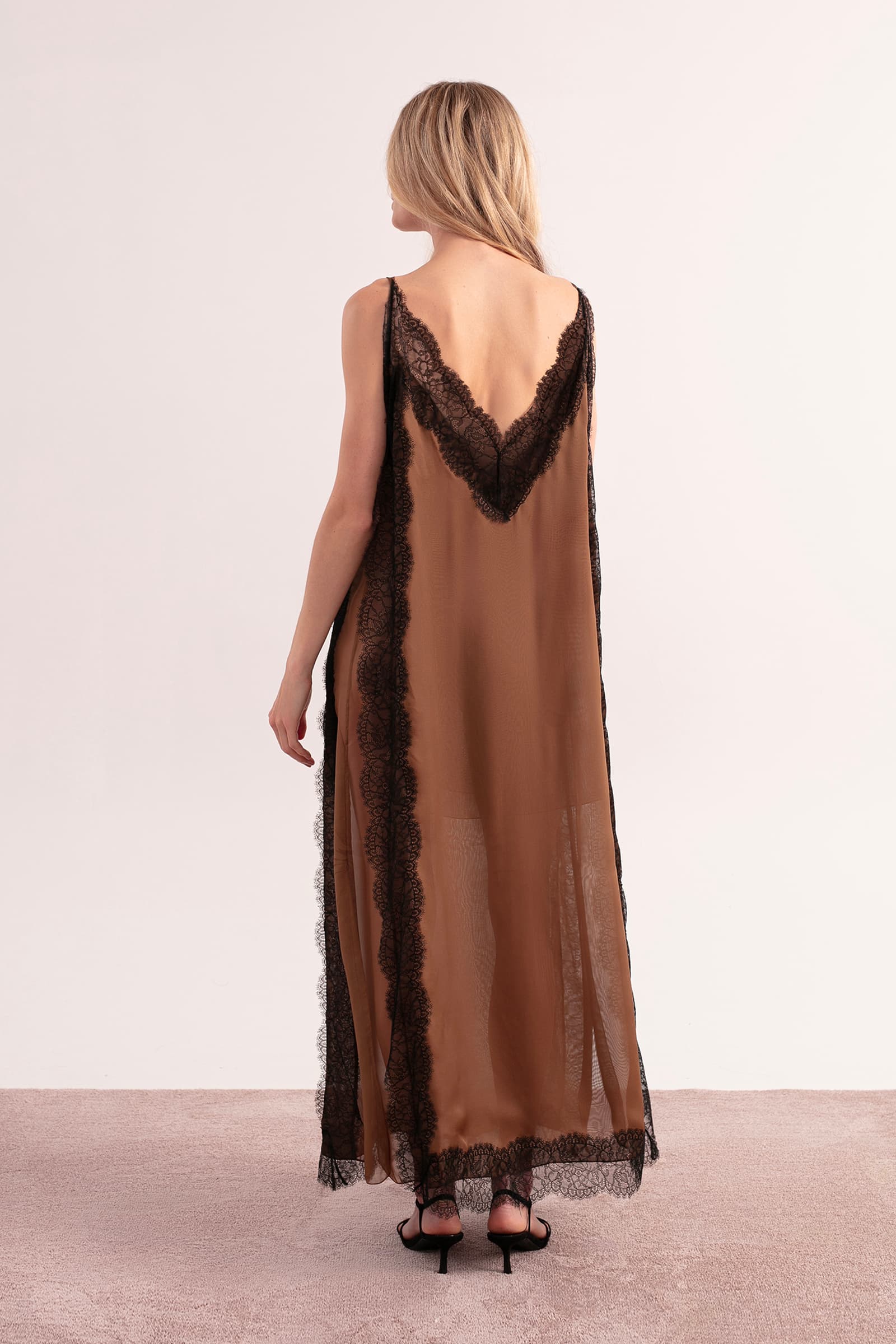 Lingerie style chiffon dress with black lace