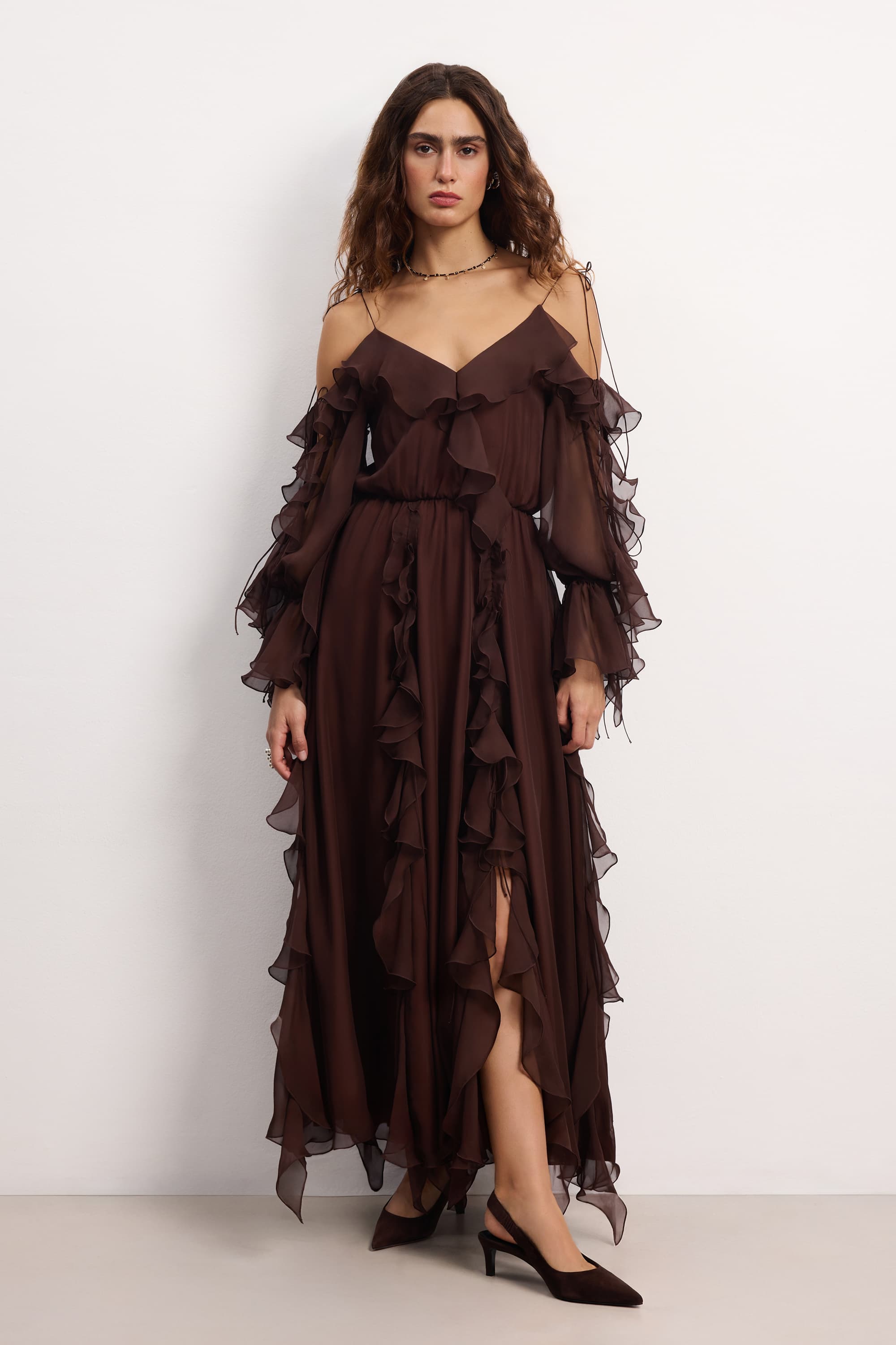 Chocolate dress with ruffles, open shoulders | Morning Forest Chocolate dress with ruffles, open shoulders | Morning Forest