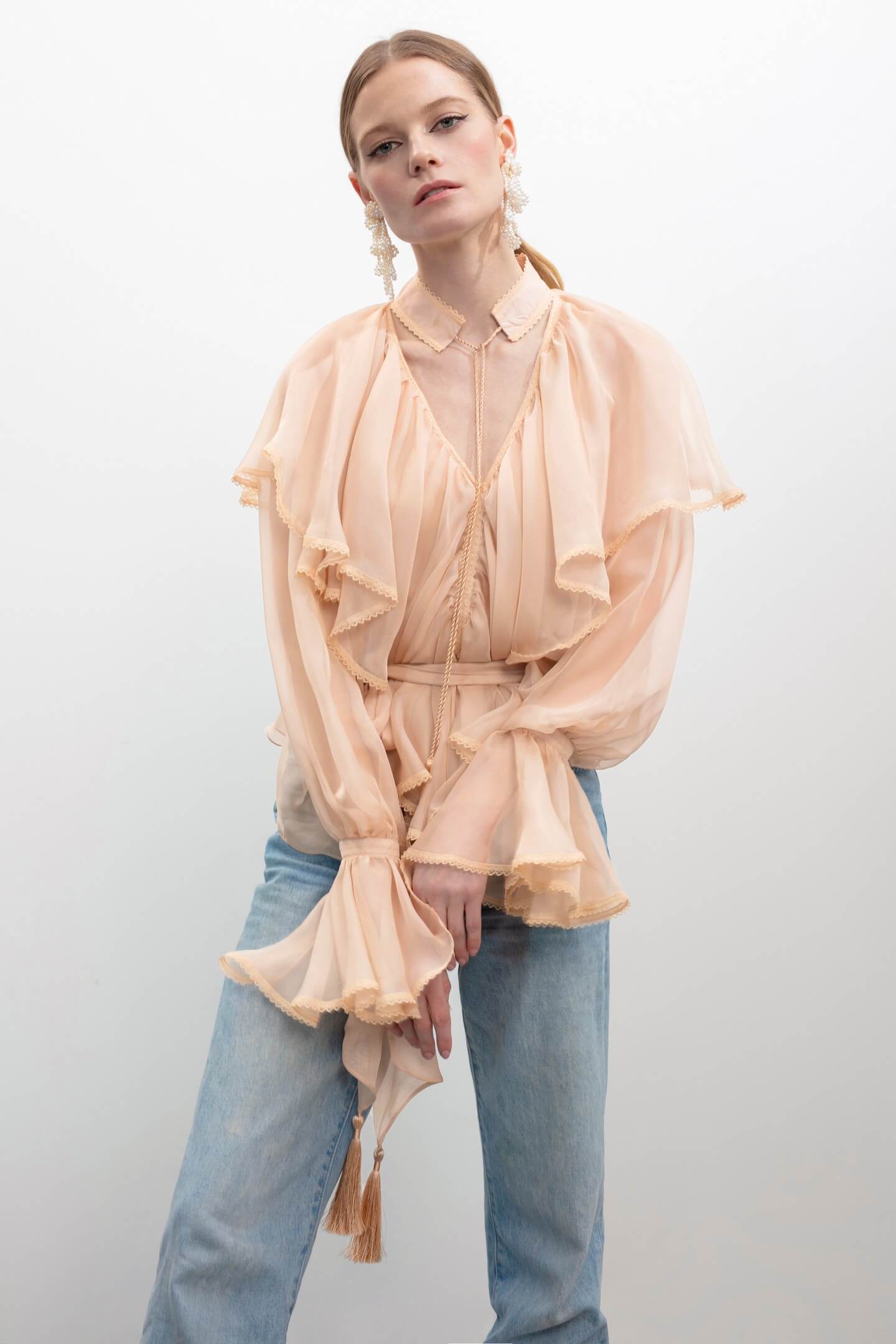 Model in Ocean Of Tenderness blouse front view