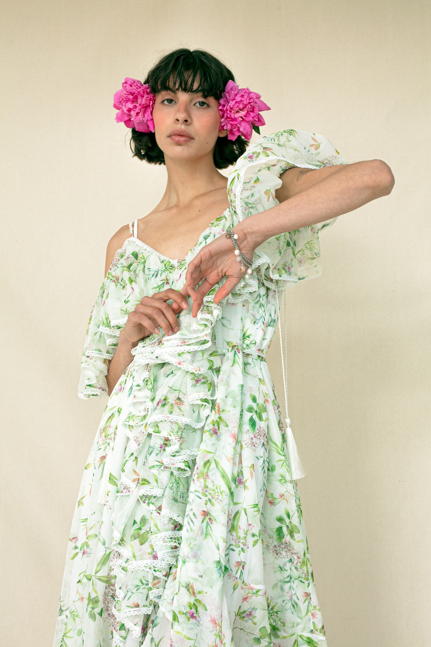 Model in milky meadow San Francisco Midi Dress
