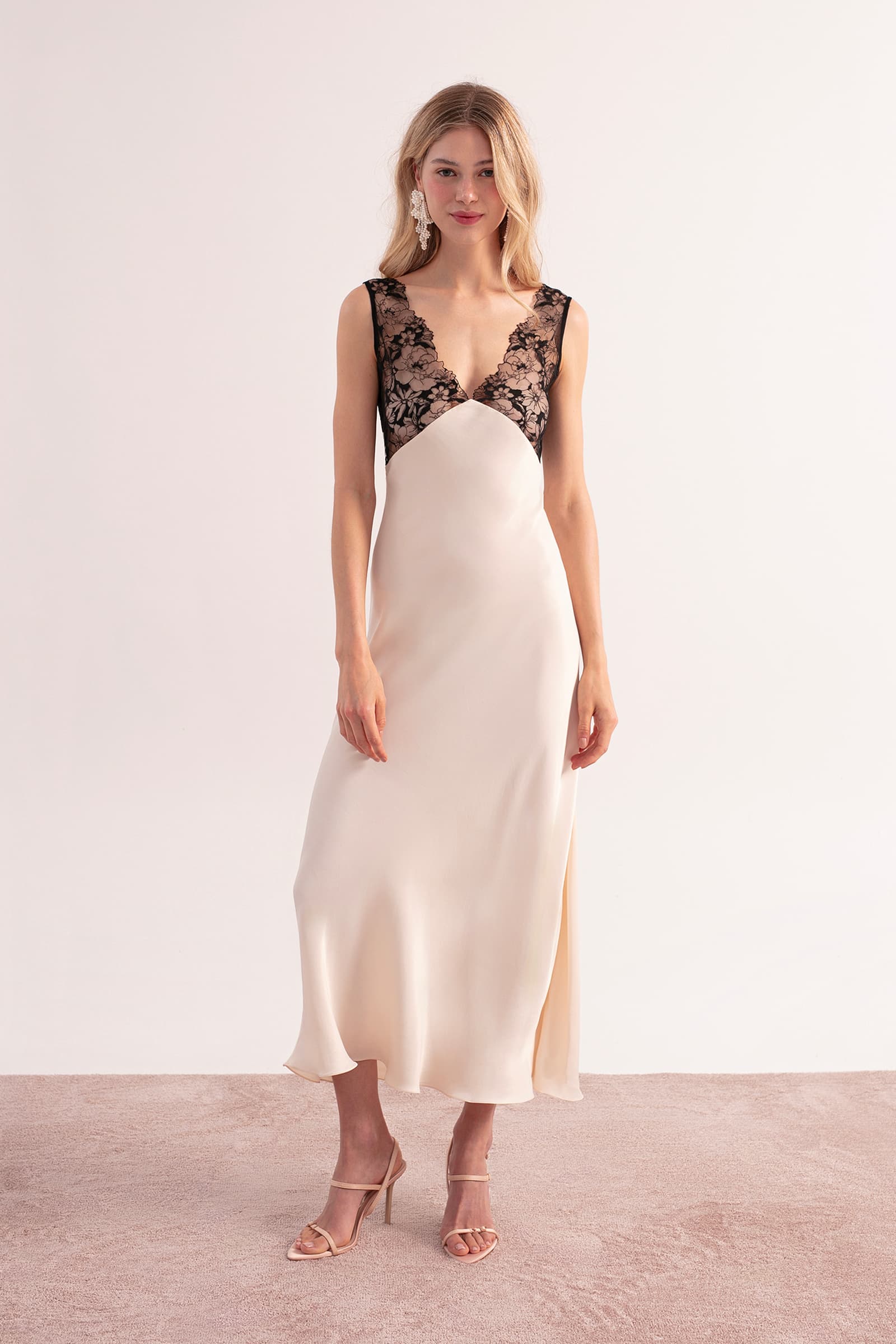 Cream silky lingerie dress, bias cut with lace