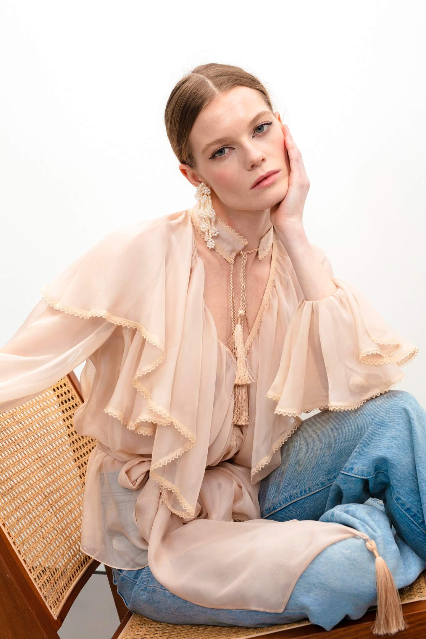 Model in Ocean Of Tenderness blouse front view